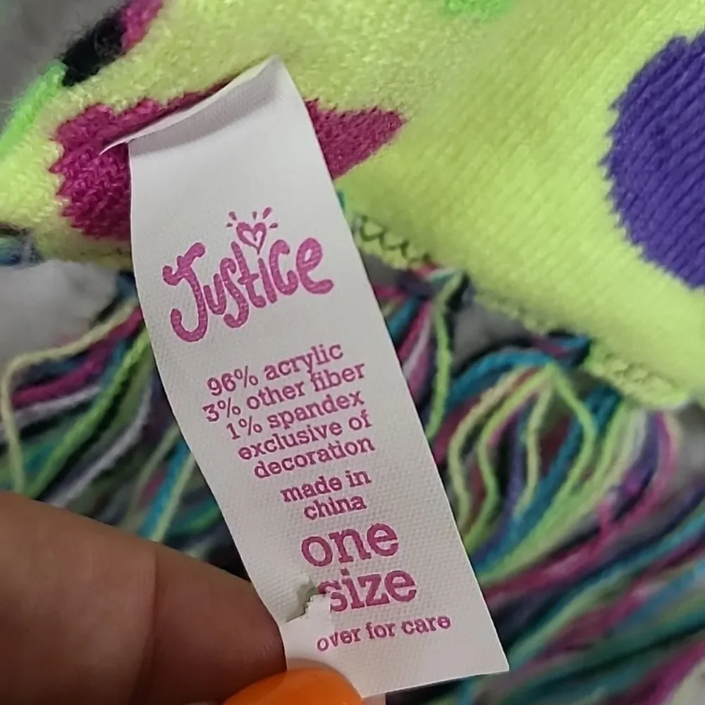 Justice Colorful Reversible Knit Fringe Trim Monkey Embroidered Long Scarf Dots